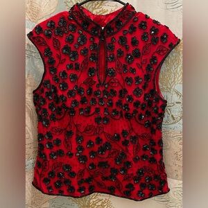 Sean Collection Red Sleeveless Beaded Floral Blouse